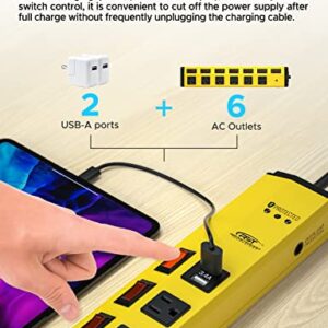 CRST Heavy Duty Power Strip with Individual Switches–6 Outlet 2 USB Ports, 15A/1875W Metal Power Strip Surge Protector Circuit Breaker 1200 Joules, 6FT Mountable Power Strip for Garage, Workshop, Home