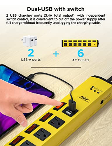 CRST Heavy Duty Power Strip with Individual Switches–6 Outlet 2 USB Ports, 15A/1875W Metal Power Strip Surge Protector Circuit Breaker 1200 Joules, 6FT Mountable Power Strip for Garage, Workshop, Home