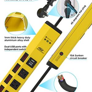 CRST Heavy Duty Power Strip with Individual Switches–6 Outlet 2 USB Ports, 15A/1875W Metal Power Strip Surge Protector Circuit Breaker 1200 Joules, 6FT Mountable Power Strip for Garage, Workshop, Home