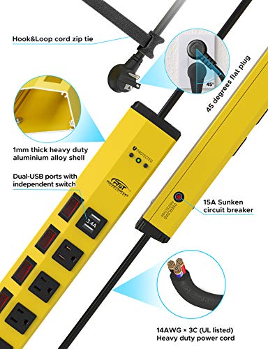 CRST Heavy Duty Power Strip with Individual Switches–6 Outlet 2 USB Ports, 15A/1875W Metal Power Strip Surge Protector Circuit Breaker 1200 Joules, 6FT Mountable Power Strip for Garage, Workshop, Home