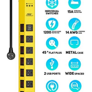 CRST Heavy Duty Power Strip with Individual Switches–6 Outlet 2 USB Ports, 15A/1875W Metal Power Strip Surge Protector Circuit Breaker 1200 Joules, 6FT Mountable Power Strip for Garage, Workshop, Home