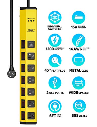 CRST Heavy Duty Power Strip with Individual Switches–6 Outlet 2 USB Ports, 15A/1875W Metal Power Strip Surge Protector Circuit Breaker 1200 Joules, 6FT Mountable Power Strip for Garage, Workshop, Home