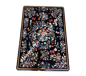 48" x 30" inch black marble dining table top birds, butterflies, fruits and flowers marquetry inlay design outdoor decor, indoor decor table