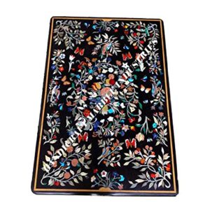 48" x 30" Inch Black Marble Dining Table Top Birds, Butterflies, Fruits and Flowers Marquetry Inlay Design Outdoor Decor, Indoor Decor Table