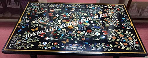 48" x 30" Inch Black Marble Dining Table Top Birds, Butterflies, Fruits and Flowers Marquetry Inlay Design Outdoor Decor, Indoor Decor Table