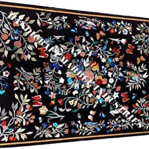 48" x 30" Inch Black Marble Dining Table Top Birds, Butterflies, Fruits and Flowers Marquetry Inlay Design Outdoor Decor, Indoor Decor Table