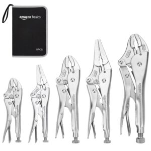 amazon basics 5-piece cr-v locking pliers and wire cutters set with carrying case, 2 straight, 3 curved jaw, 6.5-10 inch, silver