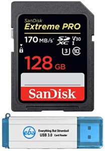 sandisk extreme pro 128gb sdxc card for canon camera compatible with eos m50 mark ii, eos ra class 10 uhs-1 (sdsdxxy-128g-gn4in) bundle with (1) everything but stromboli 3.0 sd memory card reader