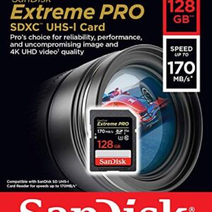 SanDisk Extreme Pro 128GB SDXC Card for Canon Camera Compatible with EOS M50 Mark II, EOS Ra Class 10 UHS-1 (SDSDXXY-128G-GN4IN) Bundle with (1) Everything But Stromboli 3.0 SD Memory Card Reader