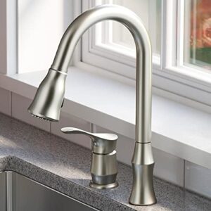 karran hillwood single-handle two-hole pull-down sprayer kitchen faucet in stainless steel