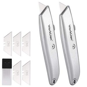 retractable utility knife box cutter - 2 pack safety box cutters retractable metal cutter tool with 5 replacement blades heavy duty box cutter knife
