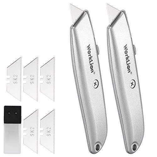 Retractable Utility Knife Box Cutter - 2 Pack Safety Box Cutters Retractable Metal Cutter Tool With 5 Replacement Blades Heavy Duty Box Cutter Knife