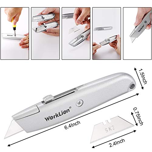 Retractable Utility Knife Box Cutter - 2 Pack Safety Box Cutters Retractable Metal Cutter Tool With 5 Replacement Blades Heavy Duty Box Cutter Knife