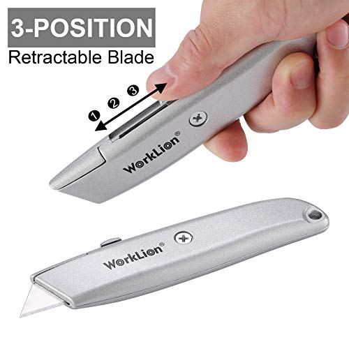 Retractable Utility Knife Box Cutter - 2 Pack Safety Box Cutters Retractable Metal Cutter Tool With 5 Replacement Blades Heavy Duty Box Cutter Knife