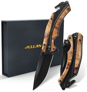 jellas pocket folding knife for men with figured wood handle - tactical knife with safety liner lock for camping hunting survival indoor and outdoor, best unique gift for men and women kn05