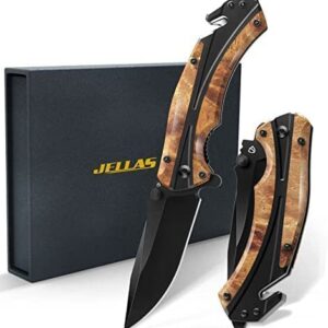 Jellas Pocket Folding Knife for Men with Figured Wood Handle - Tactical Knife with Safety Liner Lock for Camping Hunting Survival Indoor and Outdoor, Best Unique Gift for Men and Women KN05