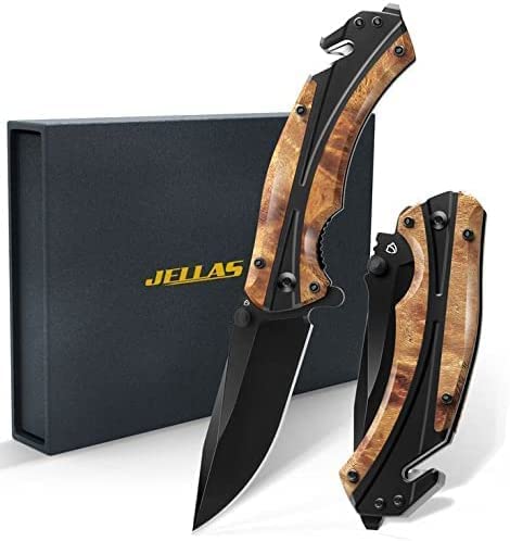 Jellas Pocket Folding Knife for Men with Figured Wood Handle - Tactical Knife with Safety Liner Lock for Camping Hunting Survival Indoor and Outdoor, Best Unique Gift for Men and Women KN05