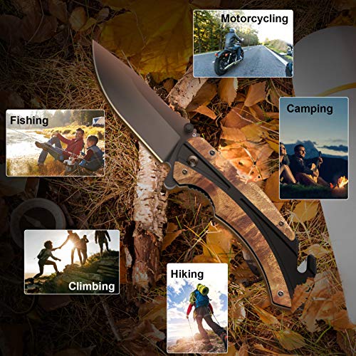 Jellas Pocket Folding Knife for Men with Figured Wood Handle - Tactical Knife with Safety Liner Lock for Camping Hunting Survival Indoor and Outdoor, Best Unique Gift for Men and Women KN05