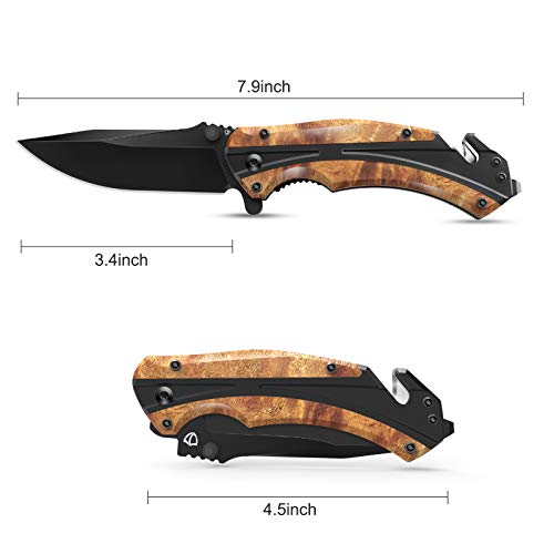 Jellas Pocket Folding Knife for Men with Figured Wood Handle - Tactical Knife with Safety Liner Lock for Camping Hunting Survival Indoor and Outdoor, Best Unique Gift for Men and Women KN05