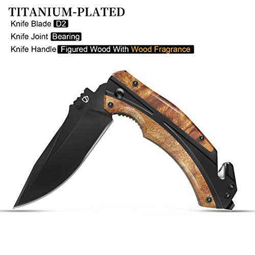 Jellas Pocket Folding Knife for Men with Figured Wood Handle - Tactical Knife with Safety Liner Lock for Camping Hunting Survival Indoor and Outdoor, Best Unique Gift for Men and Women KN05