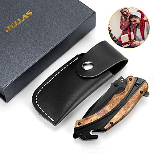 Jellas Pocket Folding Knife for Men with Figured Wood Handle - Tactical Knife with Safety Liner Lock for Camping Hunting Survival Indoor and Outdoor, Best Unique Gift for Men and Women KN05