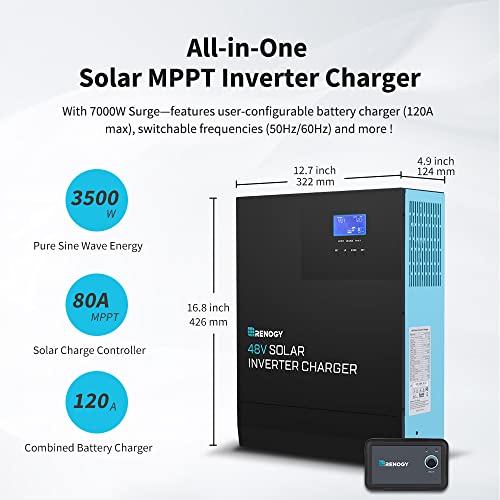 Renogy 48V 3500W Pure Sine Wave Inverter, All-in-One with MPPT Charge Controller, Power-Saving Mode DC 48V to AC 120V, Surge 7000W, Solar, Generator Battery Charging, LCD&LED, for Home, Camping, RV