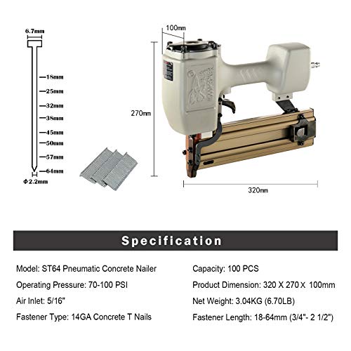 Woodpecker ST64 14 Gauge 3/4" to 2-1/2" Pneumatic Concrete T Nailer Gun with 400pcs Concrete T Nails, Air Power Heavy Duty Concrete Nail Gun Brad Nailer Finish Nailer for Woodworking