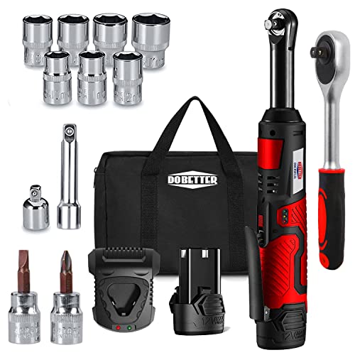 Electric Ratchet Wrench 3/8 Cordless Ratchet Wrench Set, Extended 55 N·m Battery Powered Ratchet Tool with 1 Hand Tool, 7 Sockets, 2 Screwdrivers, 1 Extender, 1/4" Adapter Dobetter-DBCRW12L