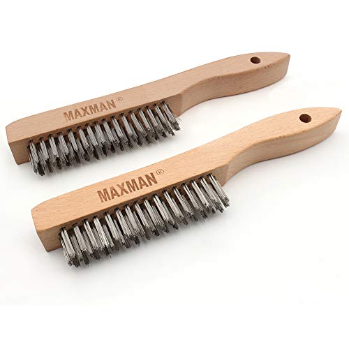 Wire Brush,Heavy Duty Stainless Steel Wire Scratch Brush for Cleaning Rust with 10"Curved Beechwood Handle,2 Pieces