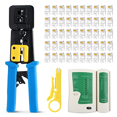 Delgada RJ45 Pass Through Crimp Tool Kit - Ethernet Crimping Tool with 50 Cat5/Cat5e/Cat6 Connectors, Network Cable Tester, and Wire Stripper for RJ45/RJ12 Regular