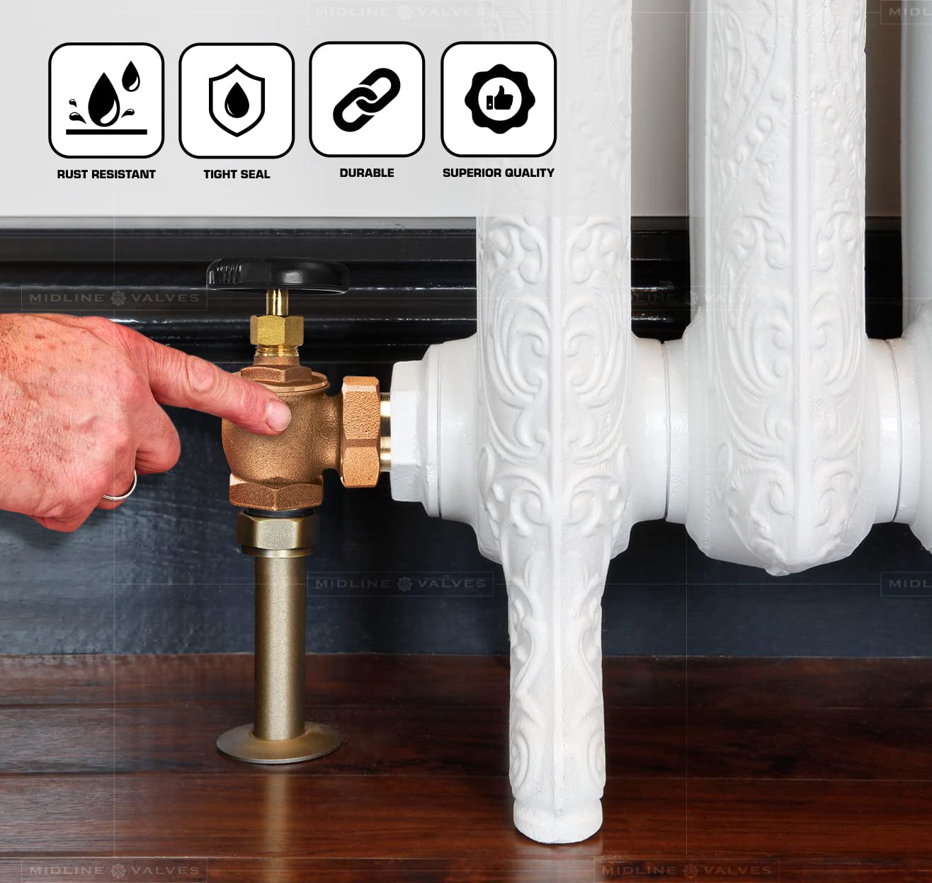 Midline Valve 6I342 Steam Radiator Valve; Air Vent Temperature Control; 1 in. FIP x Male Union; Brass