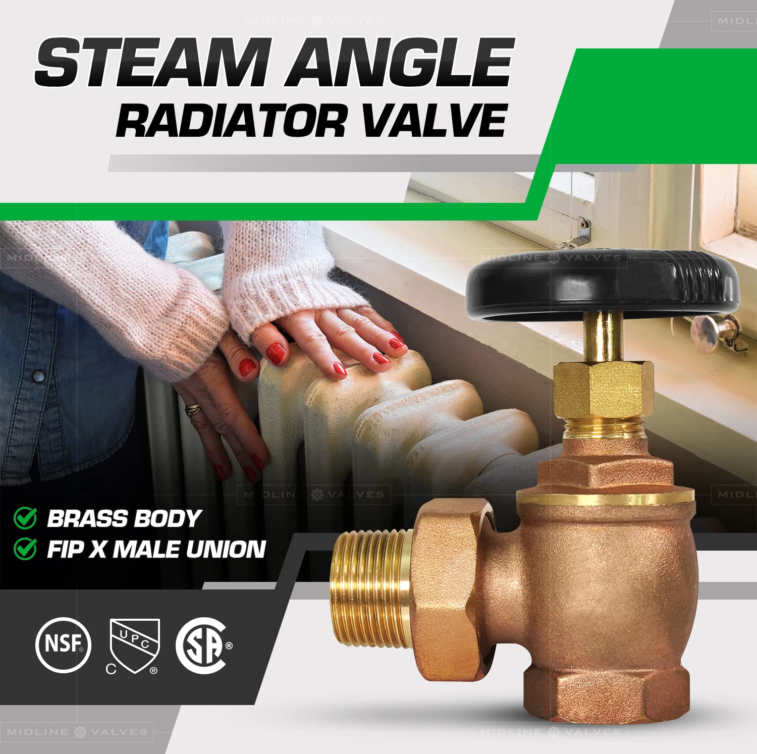 Midline Valve 6I342 Steam Radiator Valve; Air Vent Temperature Control; 1 in. FIP x Male Union; Brass