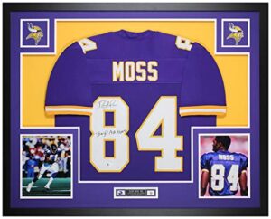 randy moss autographed purple jersey - beautifully matted and framed - hand signed by moss and certified authentic by beckett - includes certificate of authenticity