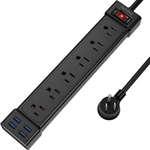 power strip with 4 usb ports, superdanny 6 outlets surge protector, 4 ft extension cord flat plug, 900joules, wall mount outlet extender for home/office/dorm essentials, black
