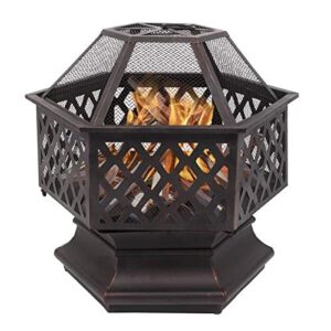 outdoor 22" hex shaped fire pit wood burning w/flame-retardant mesh lid fireplace patio backyard steel firepit bowl heater