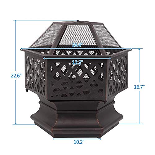 Outdoor 22" Hex Shaped Fire Pit Wood Burning w/Flame-Retardant Mesh Lid Fireplace Patio Backyard Steel Firepit Bowl Heater