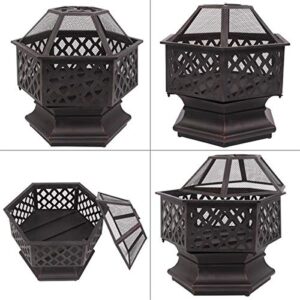 Outdoor 22" Hex Shaped Fire Pit Wood Burning w/Flame-Retardant Mesh Lid Fireplace Patio Backyard Steel Firepit Bowl Heater