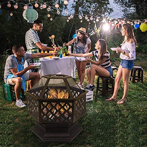 Outdoor 22" Hex Shaped Fire Pit Wood Burning w/Flame-Retardant Mesh Lid Fireplace Patio Backyard Steel Firepit Bowl Heater