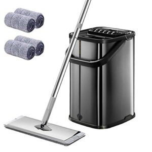 black squeeze flat floor mop and bucket set,stainless steel handle adjustable, 4 washable & reusable microfiber mop pads, professional commercial home mops for floor cleaning