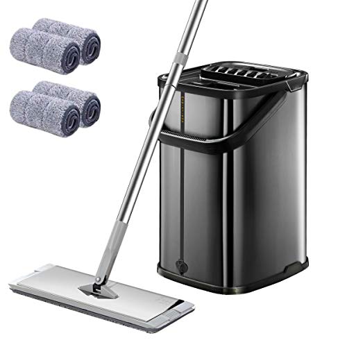 Black Squeeze Flat Floor Mop and Bucket Set,Stainless Steel Handle Adjustable, 4 Washable & Reusable Microfiber Mop Pads, Professional Commercial Home Mops for Floor Cleaning