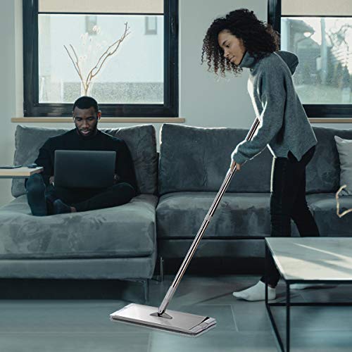 Black Squeeze Flat Floor Mop and Bucket Set,Stainless Steel Handle Adjustable, 4 Washable & Reusable Microfiber Mop Pads, Professional Commercial Home Mops for Floor Cleaning