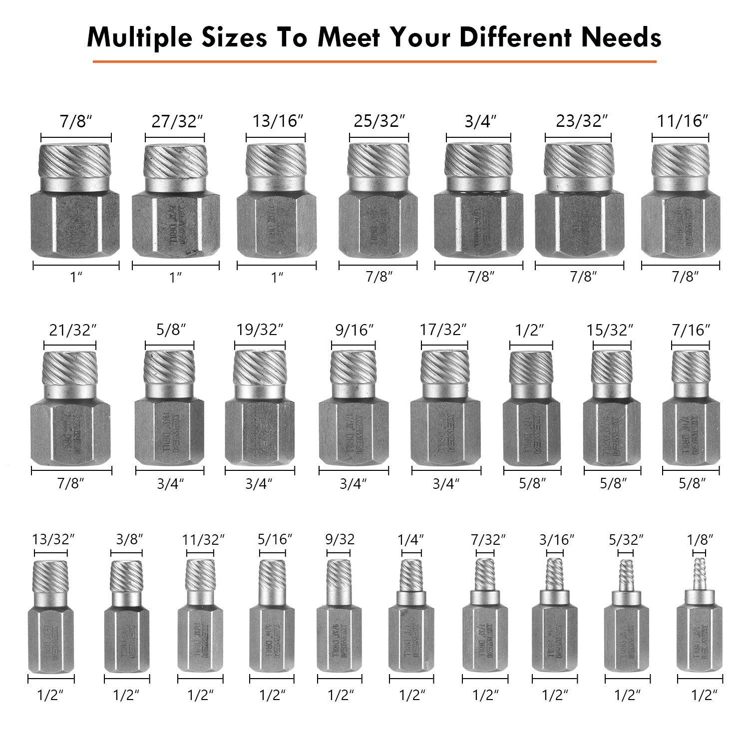 XEWEA 25Pcs Screw Extractor Set Hex Head Multi-Spline Easy Out Bolt Extractor Set, Chrome Molybdenum Alloy Steel Heavy Duty Metric EZ Out Rounded Screw Remover