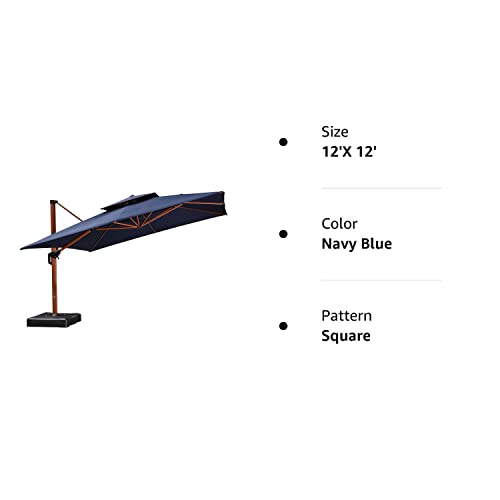 PURPLE LEAF 12ft Patio Umbrella Outdoor Square Umbrella Large Cantilever Umbrella Windproof Offset Umbrella Heavy Duty Sun Umbrella for Garden Deck Pool Patio, Navy Blue