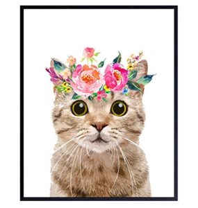 tabby cat wall decor - cute floral wall art, room decoration for girls bedroom, kids room, living room, nursery - gift for kitty, pussycat, kitten, cat lovers, women - adorable pink girly print
