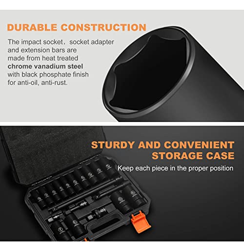 ARTIPOLY 3/8in Impact Socket Set, 6-Point Deep and Shallow Socket Set, 48 Piece Standard SAE and Metric from 5/16in to 3/4in and 8mm to 22mm,Cr-V Steel Mechanic Socket Kit
