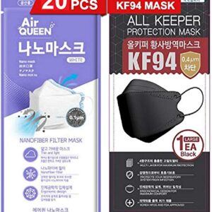 [20 Pack] [Air Queen] White 3-Layers Face Safety Mask for Adult + 1 [Black] All Keeper KF94 Mask [Individually Packaged] [Both Made in KOREA]