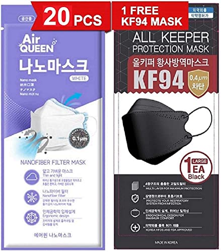 [20 Pack] [Air Queen] White 3-Layers Face Safety Mask for Adult + 1 [Black] All Keeper KF94 Mask [Individually Packaged] [Both Made in KOREA]