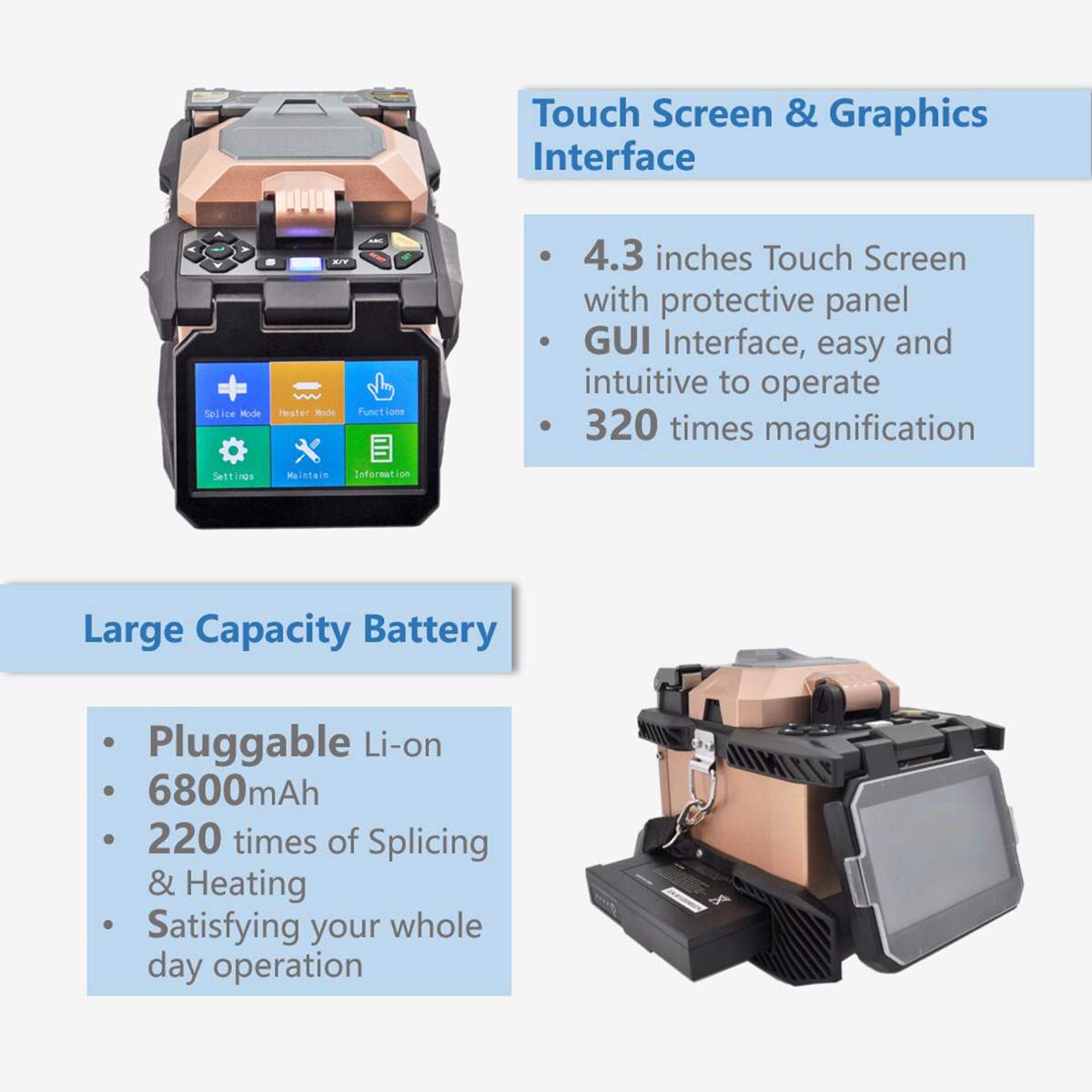 QIIRUN Fiber Optic Fusion Splicer with 4.3-inch Touch Screen, Optical Fiber Fusion Splicer Kit Features 7s Splicing and 18s Heating- 6481B Series