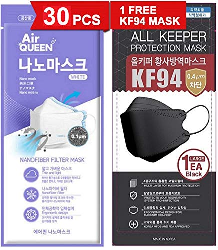 [30 Pack] [Air Queen] White 3-Layers Face Safety Mask for Adult + 1 [Black] All Keeper KF94 Mask [Individually Packaged] [Both Made in KOREA]