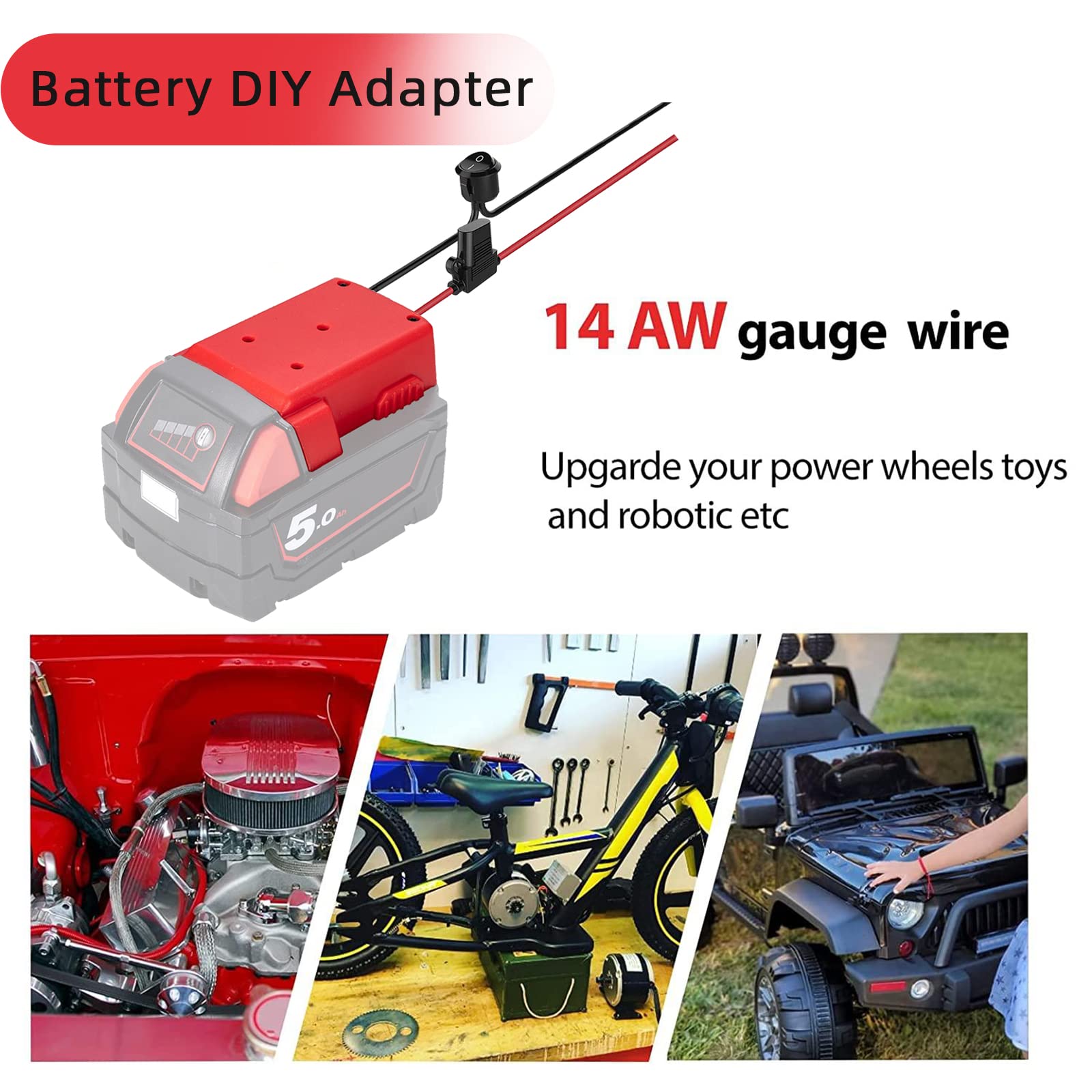 Power Wheels Adapter for Milwaukee M18 Battery 18v Dock Power Connector 12 Gauge Robotics